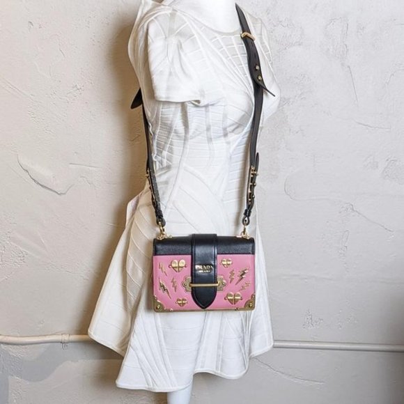 SOLD Prada Cahier Lightning Heart Studded Medium Pink Leather Cross Body Bag - Picture 9 of 10